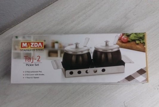MAZDA Stainless Steel TAJ-2 Polycarbonate Pickle Pot - 2,  Steel Serving Spoon -2, 1- Steel Tray, Brown (1 set contain 2pcs of Jar)