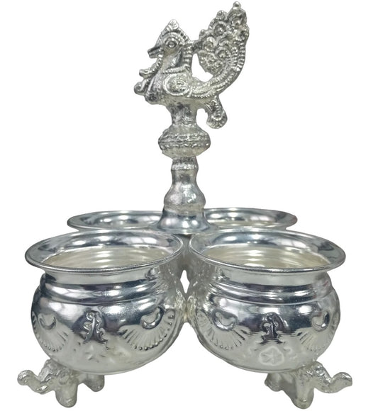 German Silver 4 Cups Panchwala Haldi Kumkum Holder – Decorative Puja Showpiece & Gift