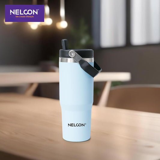 NELCON SS 900 ml Travel Mate Double Walled Vacuum Insulated Water Tumbler with Straw | Ergonomic Handle | Hot & Cold (Pack of 1, Sky Blue)