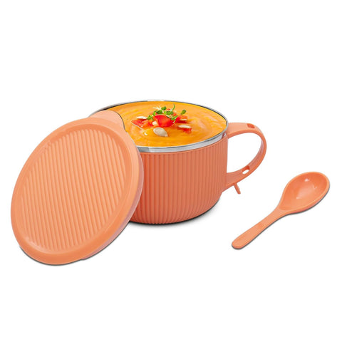 Jaypee Plus Stainless Steel Ribtok Meal Bowl Soup Bowl with Lid & Spoon for Every Day Breakfast Meal, Poha, Cornflaks, Cereal, Suitable for Birthday Gift Girls & Boys, 900ml,Orange