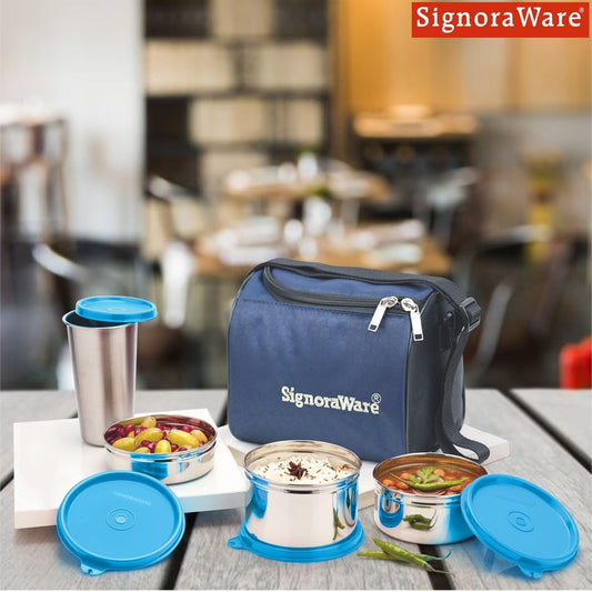 SignoraWare Stainless Steel Lunch Box with Bag | Airtight & Leakproof | Retain Freshness & Crispness | Perfect for Office Executives, College Students & Travelers (200ml+350ml+500ml+420ml | Blue)