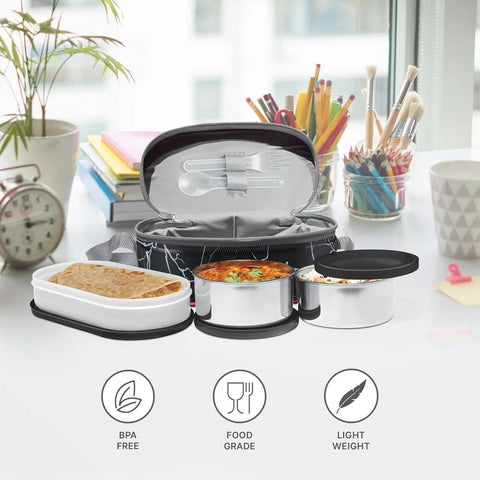 MILTON Executive Lunch Box, 2 Round Inner Steel Round Containers 280ml Each and 1 Microwave Safe Oval Plastic Container, 450ml with Insulated Bag, Gray, Office Tiffin for Leak-Proof, Easy to Carry