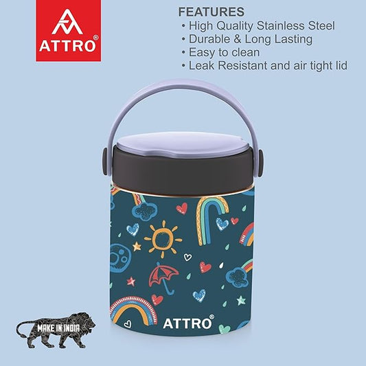 Happy Go Vacuum Insulated ISI Certified Stainless Steel Soup Jar 500ml, Leakproof & BPA-Free for Kids & Adults, Long Temperature Retention,Ideal for School, Office & Travel-Rainbow Magic Blue