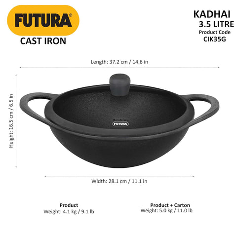 Futura Cast Iron Kadhai 3.5L with Glass Lid (CIK35G) – 37 cm Diameter, Durable & Even Heat Retention