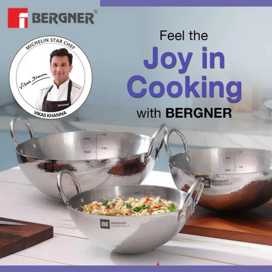 Be Bergner 20cm (1.85L) Stainless Steel Hammered Kadhai, (Induction Base) - 6216