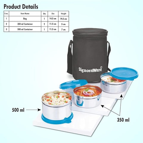 Signora Ware Executive Stainless Steel Lunch box with Bag | Dishwasher safe | Airtight & Leakproof | Great for Office, Hiking, Travelling & Outdoor use (350mlx2 + 500ml | Set of 3 | Blue)