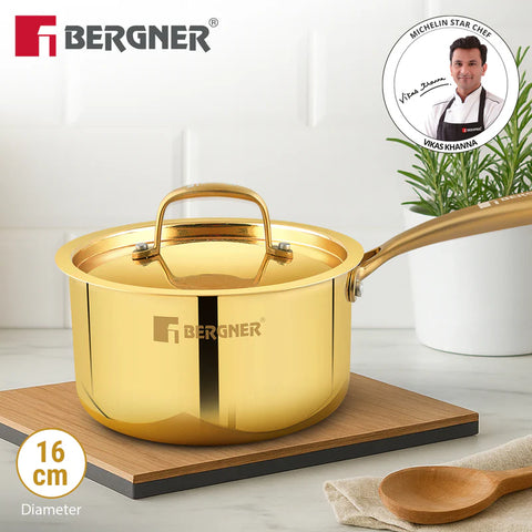 Bergner Peetlam Saucepan with Lid 16cm (1.6L), Traditional Brass Saucepan with Tin (Kalai) Coated, Healthy Cooking, Ergonomic PVD Gold Handle with Comfortable Grip, Durable - Gas Stove Compatible