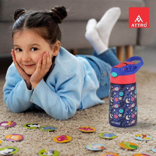 ATTRO Kinder Vacuum Insulated ISI certified Stainless Steel Water Bottle – 330ml, Leakproof, BPA-Free, Eye-Catchy Prints, Ideal for Kids School, Picnic, Travel & Daily Use – Galaxy Space Navy
