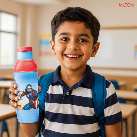 Milton Marvel Steel Slim 600 Insulated Inner Steel Water Bottle for School Kids,Leak Proof FlipTop Lid,Easy to Carry Loop,Insulated Thermo Sipper Bottle for Kids,520 ml,Sky Blue(Captain America print)
