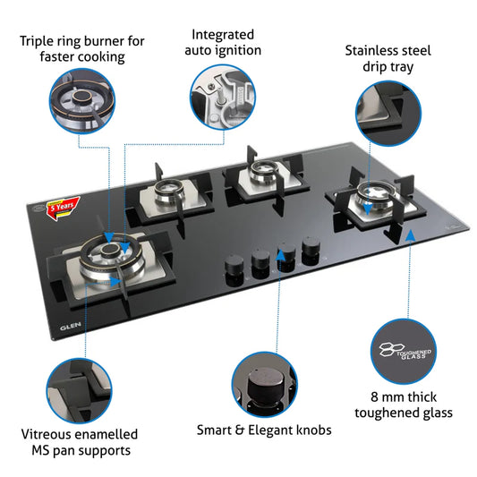 4 Burner Built-in Glass Gas Hob Triple Ring Double Ring Forged Brass Burner Auto Ignition (1094XL SQDBTR)
