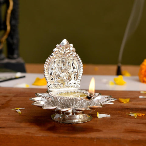 Lotus Laxmi Diya/Deepam/Deepak Silver Plated (Pack of 2)