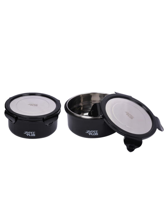 Jaypee Plus Ultima Microseal Inner Steel Microwave Safe Air Tight Container 400 ml Each | Food Grade Spillproof Stainless Steel Container Lunch Box Black