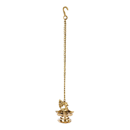 Brass Peacock 5 Wick Hanging Diya With Chain oil Lamp for Pooja
