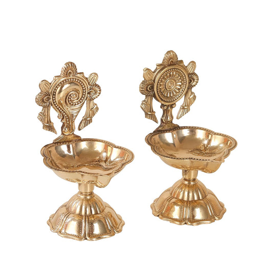 Agromech Handicraft Shankh Chakra Kuber Deep/Diya Brass (Pack of 2) Table Diya Set
