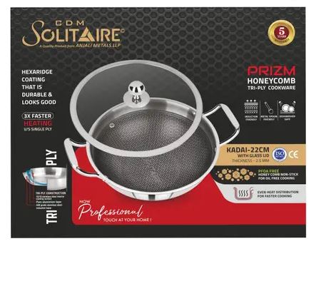 Prizm Honey Comb Triply Stainless Steel Kadhai with Glass Lid for Faster Cooking Kadhai 22 cm