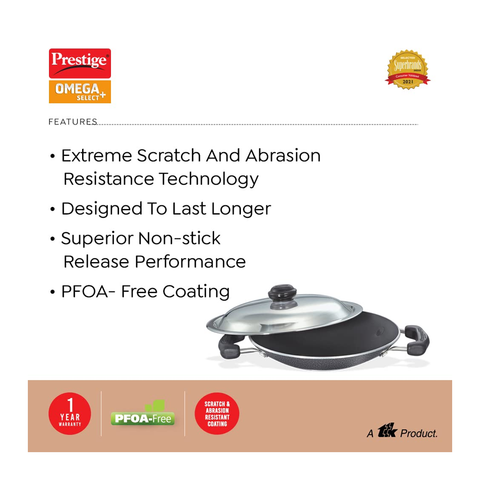 Prestige Omega Deluxe Appachatty with Lid, 200mm (30731) – Non Stick Cookware, Black
