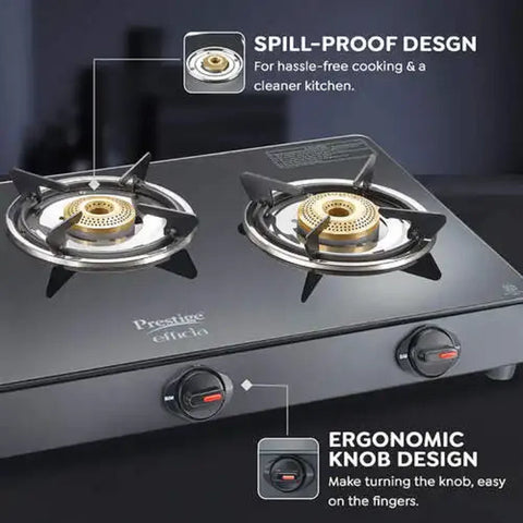 Prestige Efficia 3-Burner Glass Top Gas Stove - Tri-Pin Brass Burners