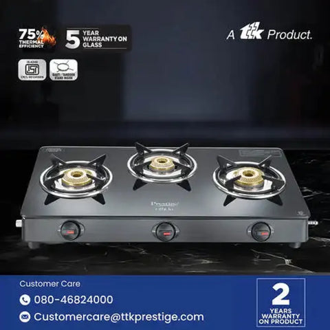 Prestige Efficia 3-Burner Glass Top Gas Stove - Tri-Pin Brass Burners
