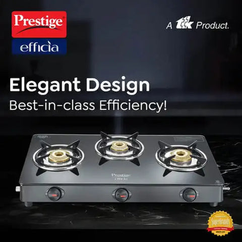 Prestige Efficia 3-Burner Glass Top Gas Stove - Tri-Pin Brass Burners