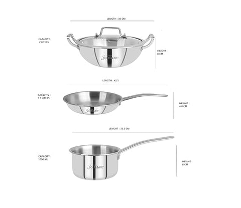 CDM Solitaire Trio Set Triply Stainless Steel 3Pcs Induction Cookware Set, Tea Pan 14cm, Frypan 22cm, Kadai with Lid 22cm, Even & Fast, Induction & Gas Ready, 5 Yrs Warranty by Manufacturer