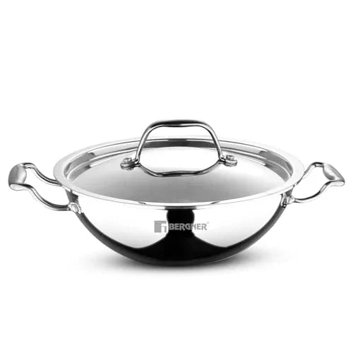 BERGNER Argent Triply 36cm Kadai with Stainless Steel Lid, Large Kadhai, Even and Faster Heating, Consumes Less Oil, Healthy Cooking, Stay Cool Cast Handles - Induction and Gas Stove Ready