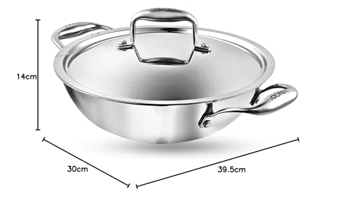 Vinod Platinum Triply Stainless Steel Kadai with Lid - 28 cm | Even Heating No Hotspot, Less Oil Healthy Cooking, Heavy Bottom Induction Cookware Kadhai for Cooking & Frying