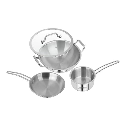 CDM Solitaire Trio Set Triply Stainless Steel 3Pcs Induction Cookware Set, Tea Pan 14cm, Frypan 22cm, Kadai with Lid 22cm, Even & Fast, Induction & Gas Ready, 5 Yrs Warranty by Manufacturer