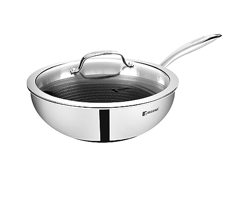 Bergner Hitech Triply Stainless Steel Kadai/Wok, Non Stick Prism Technology, 24 cm Induction Bottom, Gas Ready, Metal Spatula Friendly