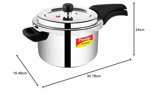 Prestige 4 Litre Stainless Steel Deluxe Alpha Svachh Outerlid Pressure Cooker |Deep lid for spillage control|10 years warranty|Gas & Induction compatible|Gasket release system|ISI Certified