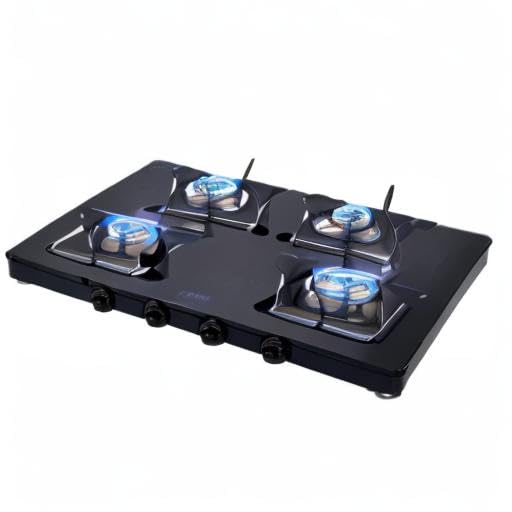 Elica Slimmest 4 Burner Gas Stove | 694 CT VETRO (SLIMLINE SPF 2J) | Forged Brass Burners | Square Enameled Grid | Toughened Glass Top | Manual Ignition | Black
