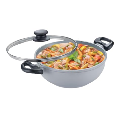 Prestige Ceraglide Die Cast Aluminium Ceramic 24cm/3.1L Kadai with Glass Lid Grey|3 Layer Easy Release Coating|Works on Gas & Induction|Extra Thick Base|Stain Resistant|Cool Touch Handle|1Y Warranty