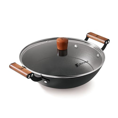 Bergner Odin 28 cm Cast Iron Kadai/Kadhai with Glass Lid, 3.3 L Capacity, For Deep-Fry/Stir-Fry/Curry/Roast/Grill/Serving, Lightweight and Rust Proof Iron, Enamel Finish, Induction and Gas Stove Ready