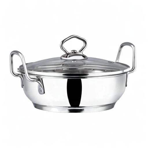 Vinod Stainless Steel Kadhai with Glass Lid 20 cm | Extra Thick SAS Heavy Bottom Cookware | Induction & Gas Stove Compatible