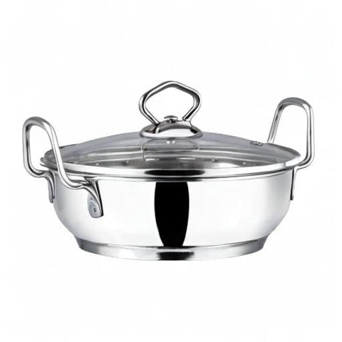 Vinod Stainless Steel Kadhai with Glass Lid 20 cm | Extra Thick SAS Heavy Bottom Cookware | Induction & Gas Stove Compatible