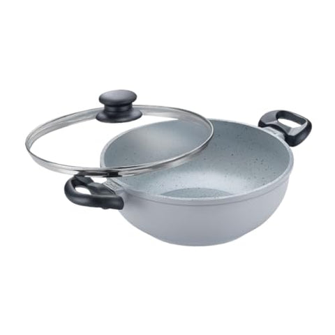 Prestige Ceraglide Die Cast Aluminium Ceramic 24cm/3.1L Kadai with Glass Lid Grey|3 Layer Easy Release Coating|Works on Gas & Induction|Extra Thick Base|Stain Resistant|Cool Touch Handle|1Y Warranty