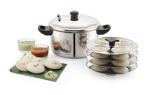 Stainless Steel Idly Cooker - Regular | Classic Stainless Steel Idly Cooker Pot | Steel Idli Maker with Silver Lid - 4 Plates (for 16 Idlies)