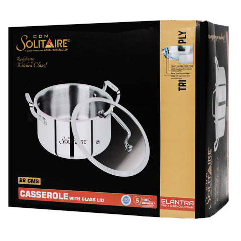 Elantra Triply Series Cookware Casserole 22 CM with Glass Lid Serve Casserole (1000 ml)
