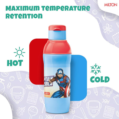 Milton Marvel Steel Slim 600 Insulated Inner Steel Water Bottle for School Kids,Leak Proof FlipTop Lid,Easy to Carry Loop,Insulated Thermo Sipper Bottle for Kids,520 ml,Sky Blue(Captain America print)