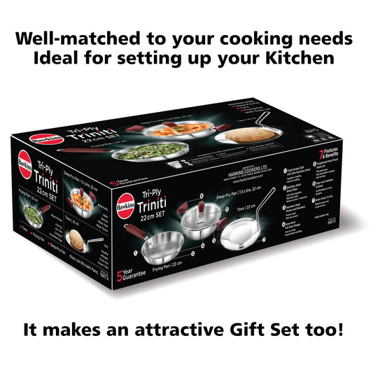 Triniti Triply SS Cookware 3pcs Set – Frying Pan, Tava & Deep-Fry Pan with Glass Lid, Induction Bottom