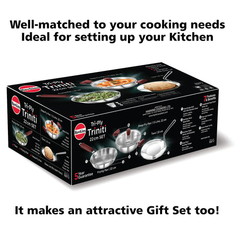 Triniti Triply SS Cookware 3pcs Set – Frying Pan, Tava & Deep-Fry Pan with Glass Lid, Induction Bottom