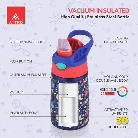 ATTRO Kinder Vacuum Insulated ISI certified Stainless Steel Water Bottle – 330ml, Leakproof, BPA-Free, Eye-Catchy Prints, Ideal for Kids School, Picnic, Travel & Daily Use – Galaxy Space Navy