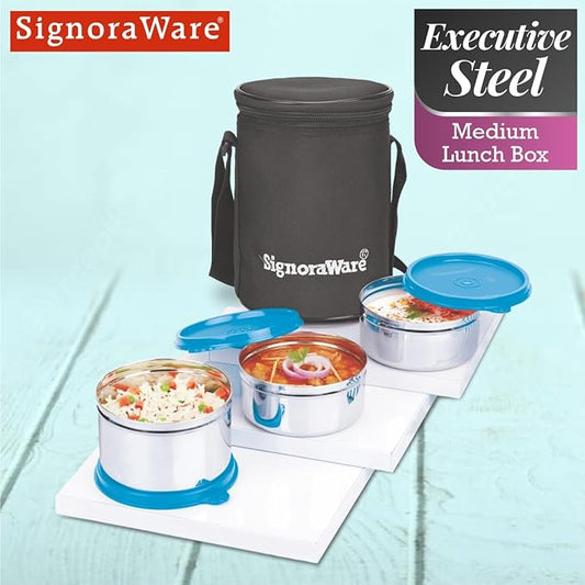 Signora Ware Executive Stainless Steel Lunch box with Bag | Dishwasher safe | Airtight & Leakproof | Great for Office, Hiking, Travelling & Outdoor use (350mlx2 + 500ml | Set of 3 | Blue)