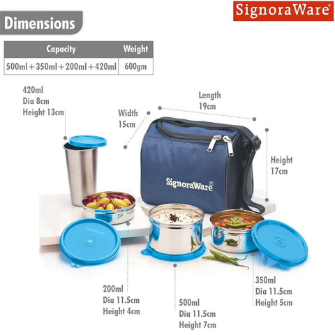 SignoraWare Stainless Steel Lunch Box with Bag | Airtight & Leakproof | Retain Freshness & Crispness | Perfect for Office Executives, College Students & Travelers (200ml+350ml+500ml+420ml | Blue)