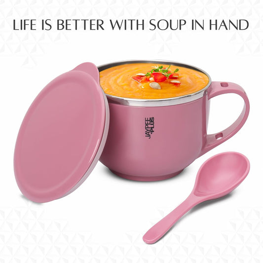 Jaypee Plus Stainless Steel Soup Bowl with Lid & Spoon Holder Souptok, Maggi Bowl Noodles Pasta Bowl, Best Diwali Gift, Mug for Kids, Girls, Boys, Birthday, Pink