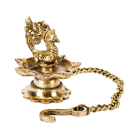 Brass Peacock 5 Wick Hanging Diya With Chain oil Lamp for Pooja