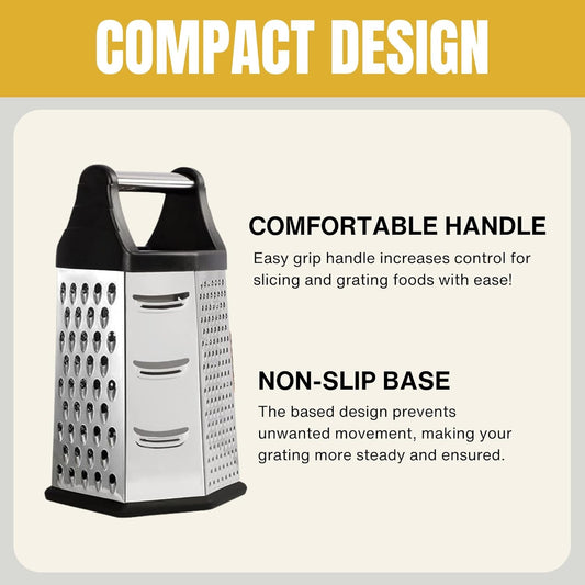Stainless Steel Cheese Grater with Handle Box Grater w/ 6 Sides Vegetable & Fruit Grater & Slicer
