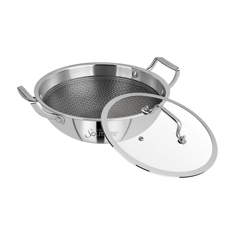 CDM SOLITAIRE Prizm Honey Comb Triply Stainless Steel Kadhai with Glass Lid 24 cm,Triply, Induction Bottom