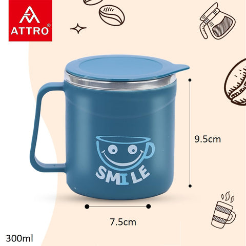 Happy Mug Comes with Double Wall Inner Stainless Still & Lid Stylish Cup Ideal for Hot Coffee, Tea - Blue - Plastic, 300 Ml