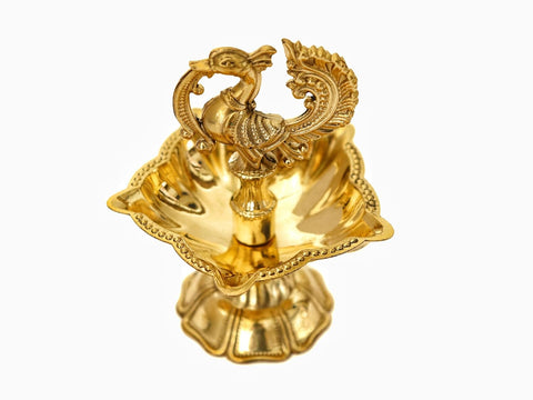Peacock Design Brass Diya | Traditional Oil Lamp for Pooja | Kuthu Vilakku Decoration Items for Home Decor