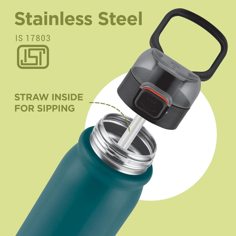 MILTON Reva 750 ISI Certified Stainless Steel Water Bottle with Twin Lid Sip or Gulp, 750ml | Single Wall, BPA-Free, Leakproof | Sturdy Handle | Ideal for Home, Office, Gym & Travel, Teal Blue